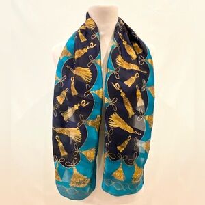 Berkshire Teal Navy Gold Tassel Print Satin Scarf